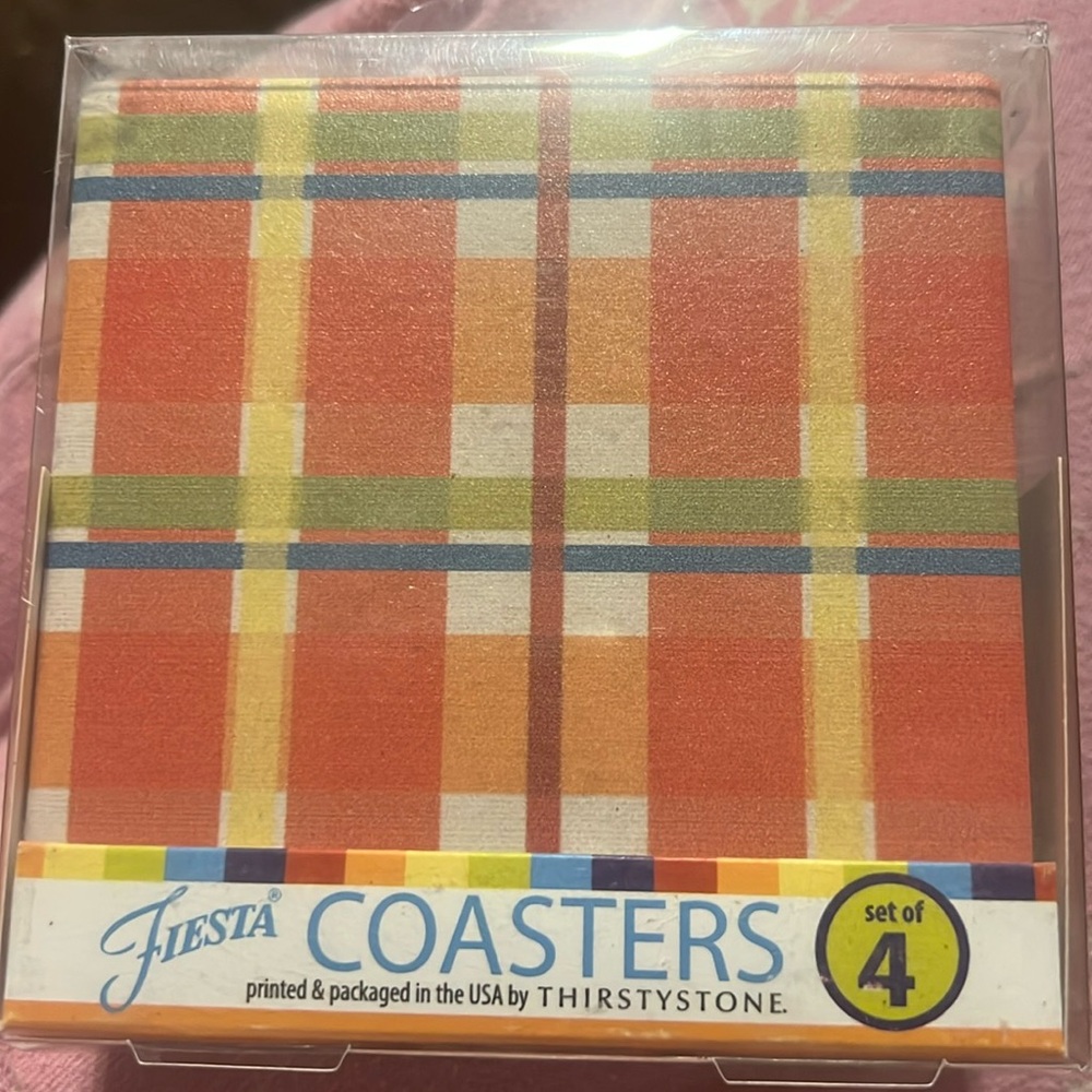 Ceramic Fiesta plaid 4 piece coaster NEW